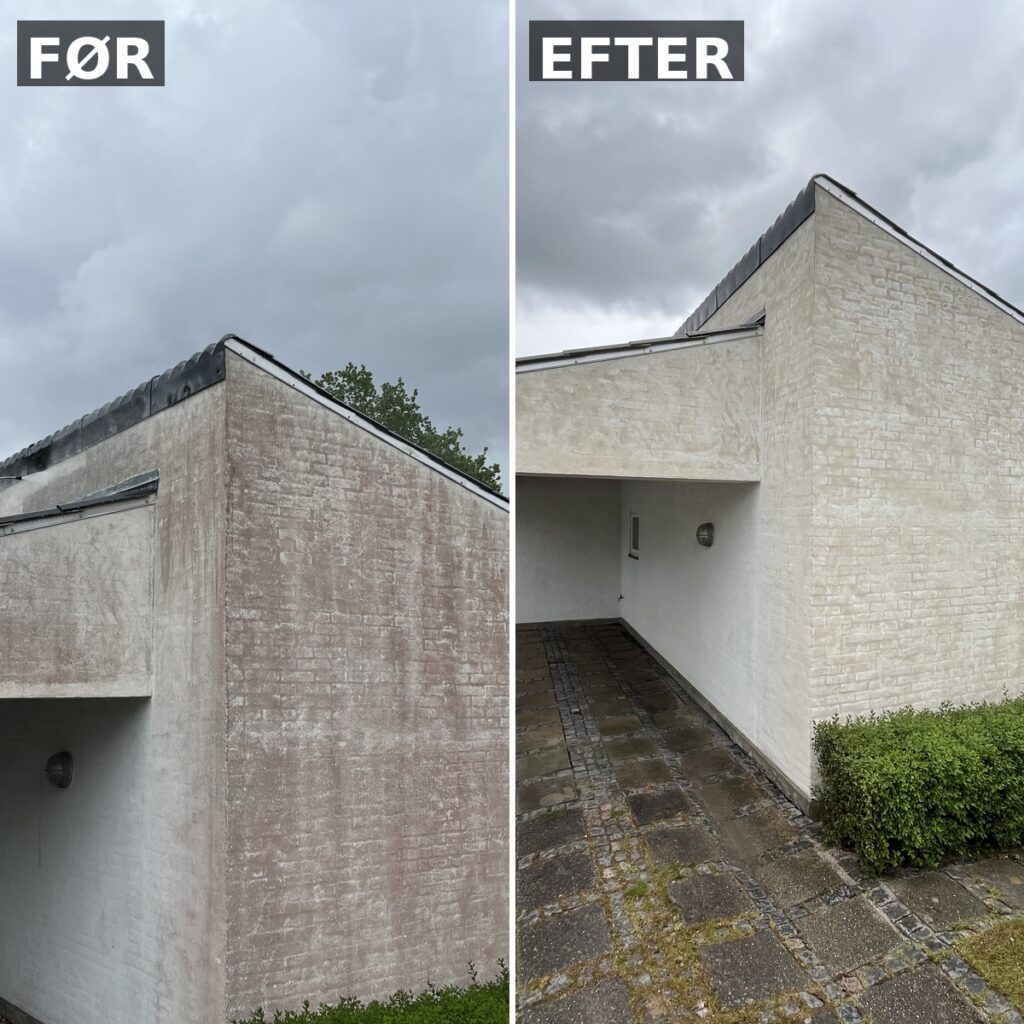 Facaderens før og efter rensning af hus for alger og skimmel