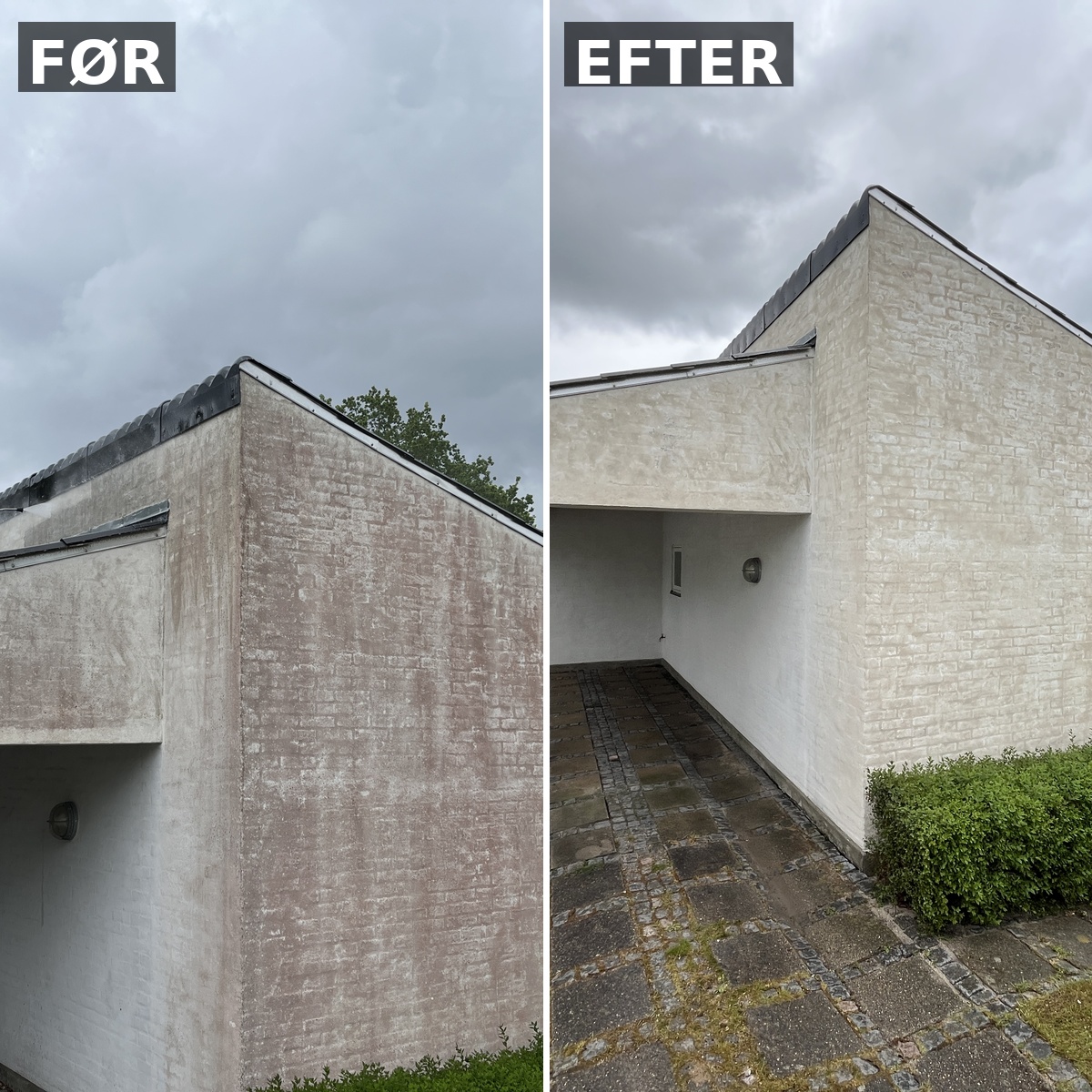 Facaderens før og efter rensning af hus for alger og skimmel