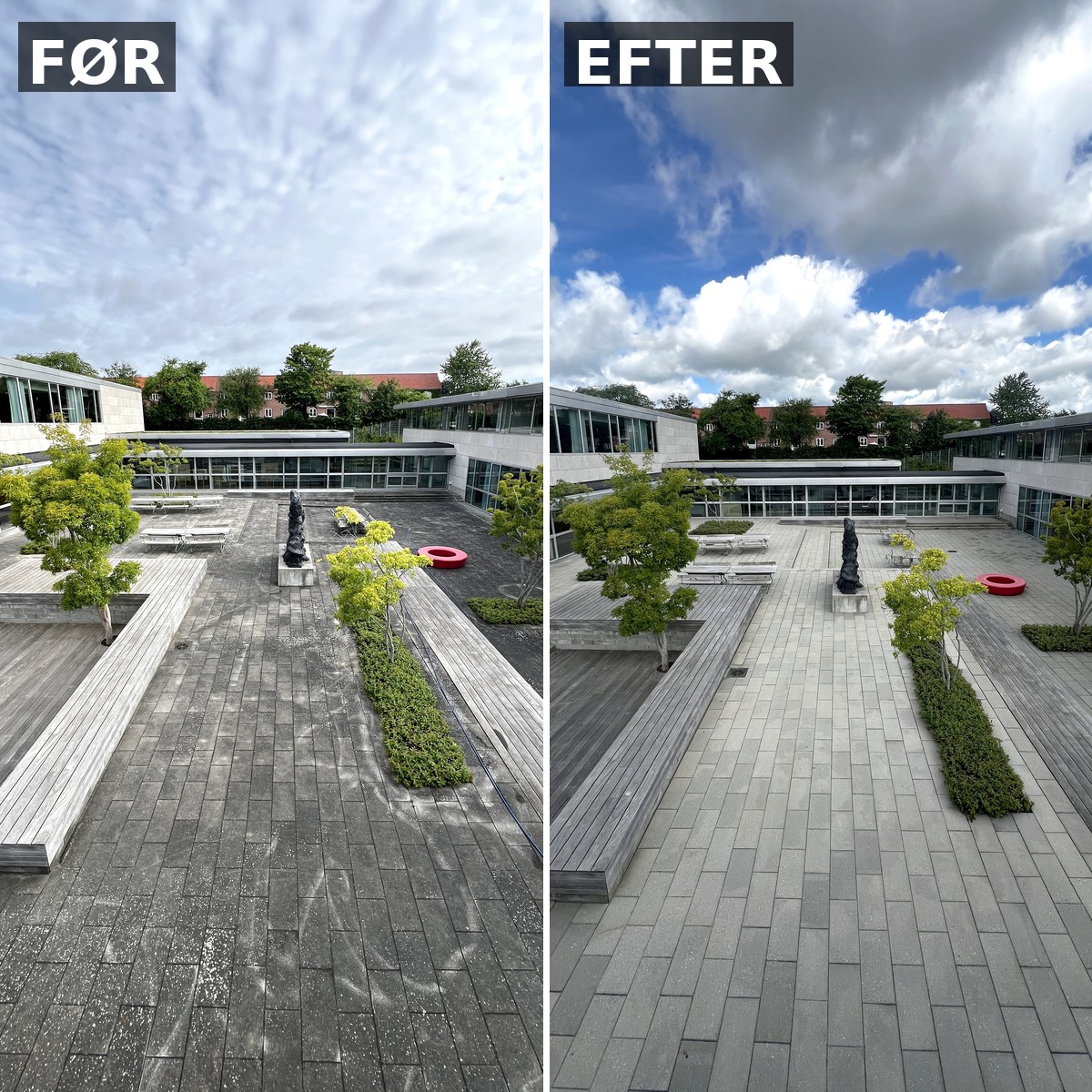 Fliserens før og efter rensning af gårdhave med flisebelægning