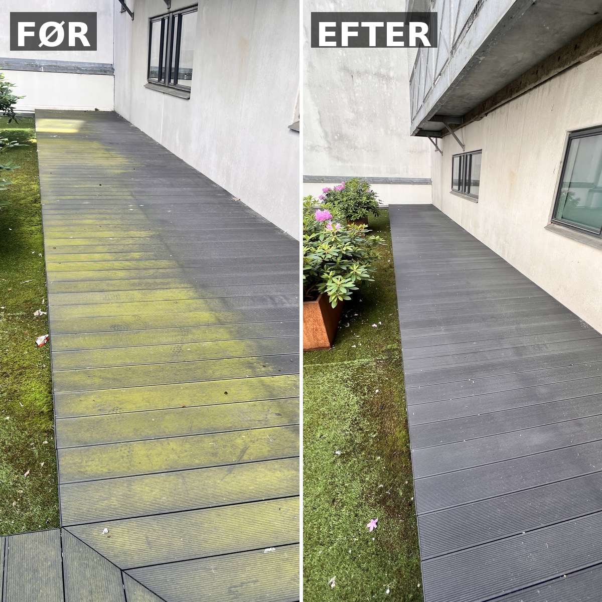 Trærens før og efter rensning af trædæk/terrasse for alger