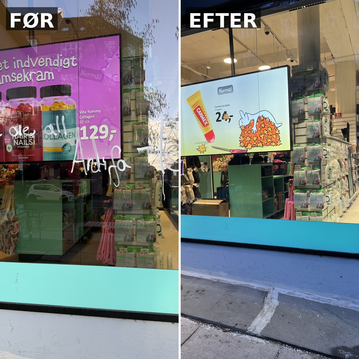 Graffitirens før og efter fjernelse af graffiti på butiksvindue